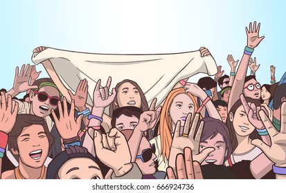 Illustration Of Mixed Ethnic Crowd Cheering With Raised Hands At Music Festival