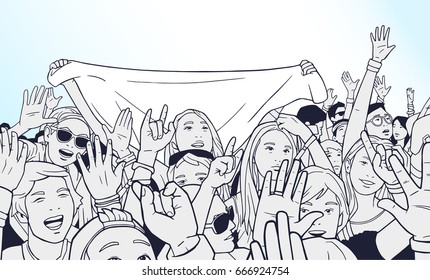Illustration of mixed ethnic crowd cheering with raised hands at music festival