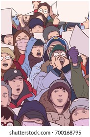 Illustration of mixed ethnic crowd demonstrating with blank signs