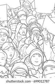 Illustration of mixed ethnic crowd protesting with blank signs