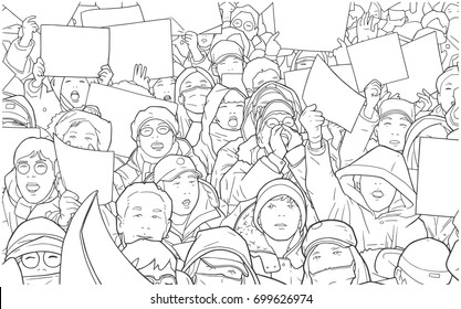 Illustration of mixed ethnic crowd protesting with blank signs