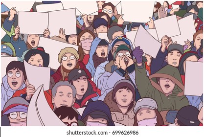Illustration of mixed ethnic crowd protesting with blank signs