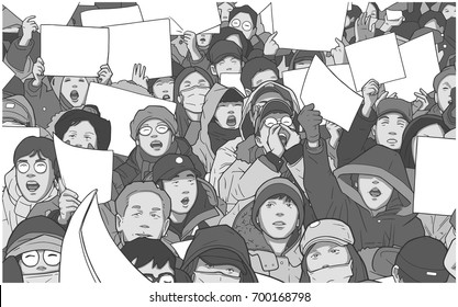 Illustration of mixed ethnic crowd protesting with blank signs