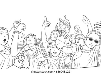 Illustration of mixed ethnic festival crowd partying in the rain 