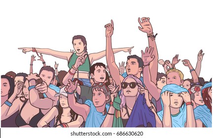 Illustration of mixed ethnic festival crowd partying in the rain in color