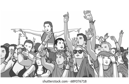 Illustration of mixed ethnic festival crowd partying in the rain in grey scale