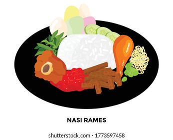 illustration of mixed rice. rice with many simple side dishes. indonesian street food