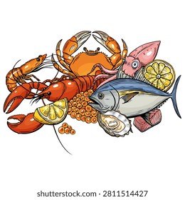 Illustration of a mixed seafood platter featuring a variety of fresh seafood arranged in an appetizing presentation