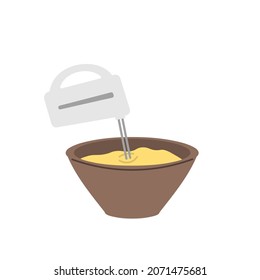 illustration of mixing bread dough in a bowl using a mixer. making cake. flat cartoon style. vector design. can be used for elements, landing pages, UI.