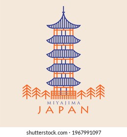 Illustration miyajima temple of japan in outline design 