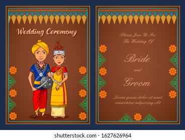 ilustración de la pareja de Mizoram sobre el fondo de la plantilla de invitación a la boda india