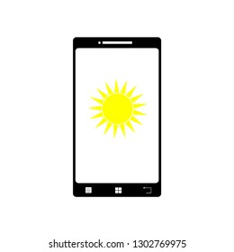 Illustration of mobil phone with weather application icon. Vector silhouette on white background. Symbol of telephone, cell phone, smartphone. Sign of forecast.