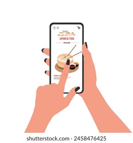 Illustration with a mobile app for Asian food delivery. Girl ordering food at home on her smartphone. Vector
