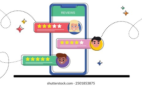 Illustration of a mobile app displaying user reviews with star ratings, representing customer feedback, online reviews, and user experience.

