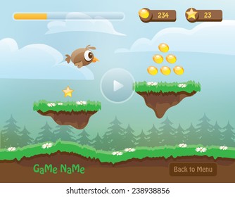 illustration of mobile app game landscape level background, elements, buttons, coins, energy bar and game character- computer games design