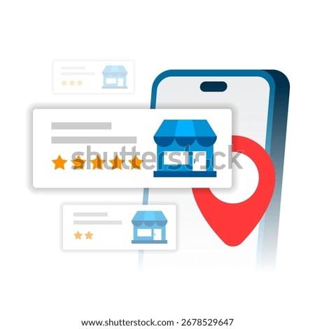 illustration of mobile app store page showing ratings with stars, location pin, and smartphone interface. Concept for online reviews, store evaluation, business ratings, and map based shop listings