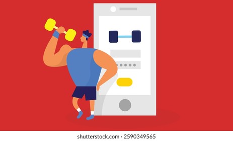 illustration of a mobile application interface for an online gym trainer, displaying workout plans, live coaching, fitness tracking, and exercise videos