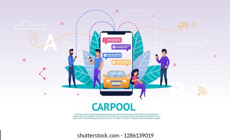 Illustration Mobile Application on Phone Screen. Banner Vector Group People Using Phone Search for Carpool. Chat Communication Men and Women Planning Joint Trip on Yellow Car. from Point A to Point B