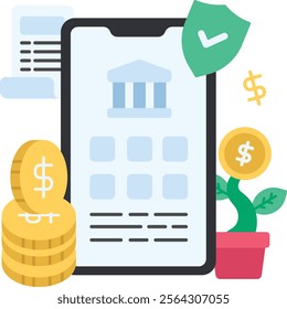 Illustration of a mobile banking application that has investment, savings and transaction features