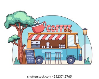 Illustration of a mobile coffee shop truck parked in a park, creating a cozy atmosphere. Perfect for coffee-themed design projects, landing pages, websites, social media, banners, etc.