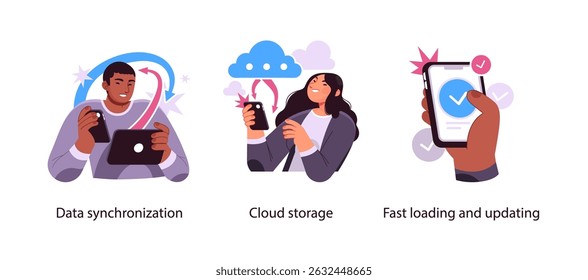 Illustration of mobile data synchronization, cloud storage access, and fast app updates using smartphones and cloud computing technology.