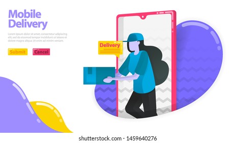 Illustration of mobile delivery. Women who deliver goods. Courier coming out of the mobile smartfone. delivery order application. flat vector concept for Landing page, website, mobile, apps ui, flyer