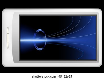 Illustration of a mobile device with a conceptual background on its screen.