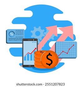 Ilustração de Estatísticas de Dados de Dispositivos Móveis. gráfico aumentar a análise. vetor estilo plano. eps 1