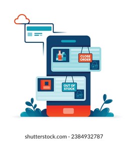 Illustration von mobilen Einkaufs- und E-Commerce-Bezahlapps mit Zeichen der engen Bestellung und außerhalb des Bestandes. Kann für Poster, Websites, Broschüren, Banner verwendet werden