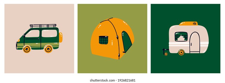 Illustration of a mobile home, tent, trailer. travel by car. Camping. cartoon style. Ready-made cards. Flat vector illustration isolated on a white background