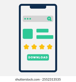 Illustration of a mobile interface with a search bar, star ratings and download buttons. Suitable for presentations, app design and digital marketing.