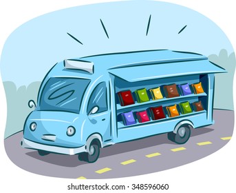 Illustration of a Mobile Library Filled with Books Driving Around Town