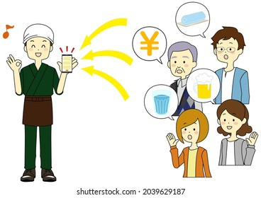 Illustration of mobile ordering and customer management on a smartphone