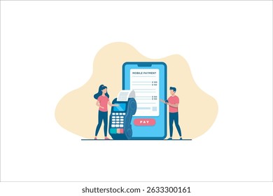 Illustration of mobile payment transaction. A man and woman using a card reader and smartphone to complete a digital payment. Modern financial technology concept with receipt, payment terminal.