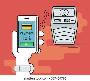 Illustration of mobile payment via smartphone. Human line contour hand holds a smartphone and doing payment by credit card via nfc function