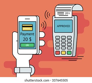 Illustration of mobile payment via smartphone. Human line contour hand holds a smartphone and doing payment by credit card wireless connecting to the payment terminal