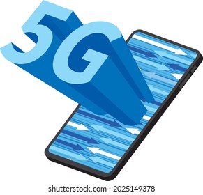 Illustration of a mobile phone with 5G characters popping out