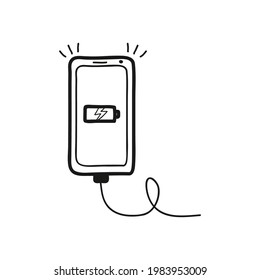 illustration of mobile phone conected to battery charger, doodle vector. 