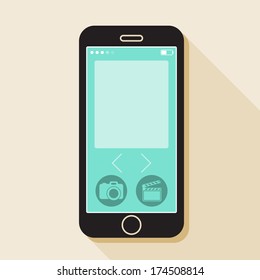 Illustration with a mobile phone. device in flat style with a media gallery interface and a long shadow