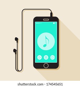 Illustration with a mobile phone. device in flat style with a musical player interface, headphones and a long shadow