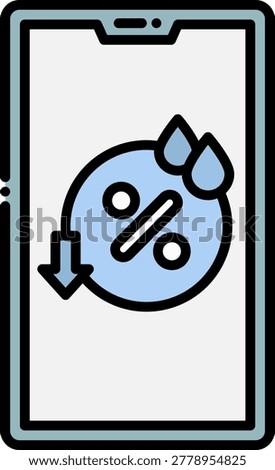 An illustration of a mobile phone displaying a discount percentage icon with water droplets and a downward arrow, ideal for sales and promotion concepts. The design is clean and modern, perfect for digital marketing and e-commerce visuals.