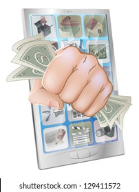 An illustration of a mobile phone with a fist full of money smashing out of the screen