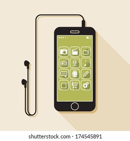 Illustration with a mobile phone. flat icons for web and mobile applications with media and business signs (flat design with long shadows) 