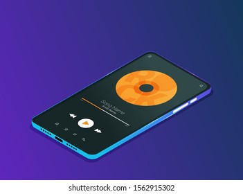 Illustration with a mobile phone in flat style with a musical player interface, headphones