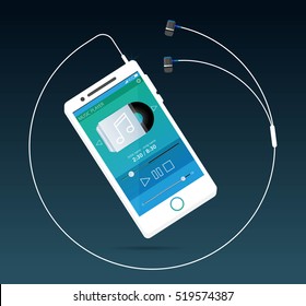 Illustration with a mobile phone in flat style with a musical player interface, headphones