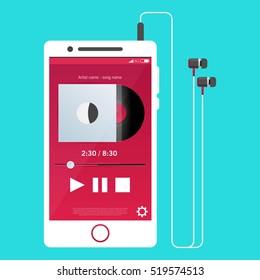 Illustration with a mobile phone in flat style with a musical player interface, headphones