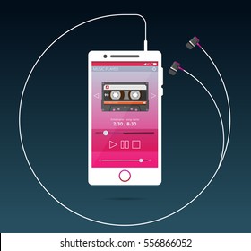 Illustration with a mobile phone in flat style with a musical player interface, headphones