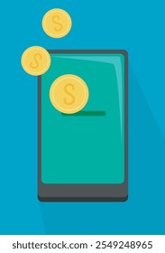 ilustração de um telefone celular com moeda de ouro inserindo nele indicando a banca móvel e finanças na aplicação móvel