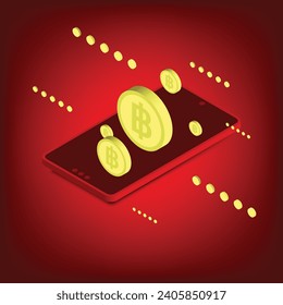 Illustration of a mobile phone and gold coins in isometric style on a red gradient background