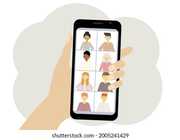 Illustration of a mobile phone in hand depicting an online meeting.